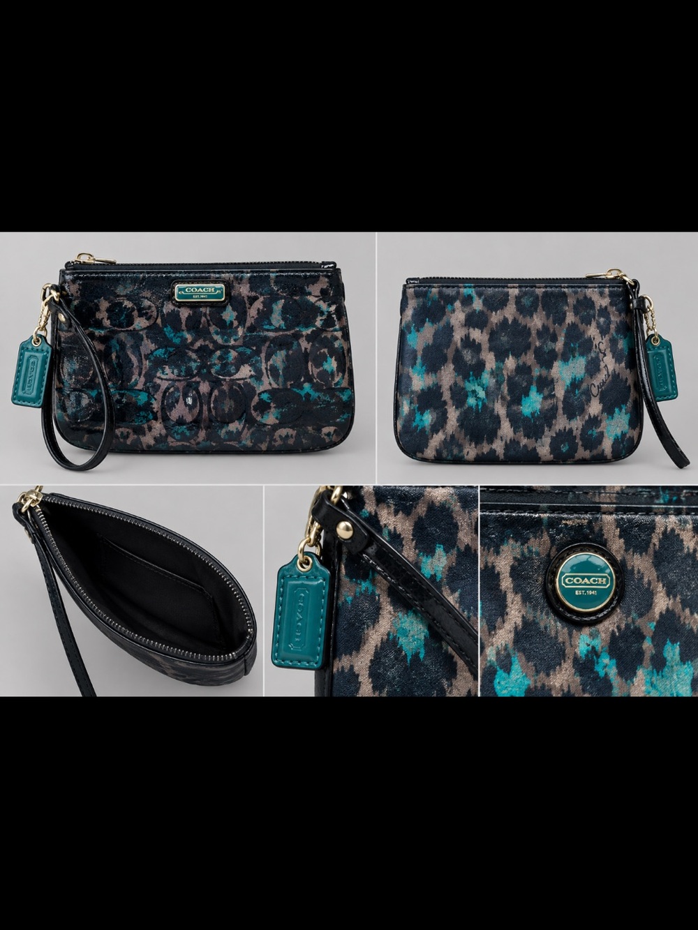 COACH Ocelot Cheetah Print Wristlet Pouchette Teal Blue & Brown - Picture 2 of 4